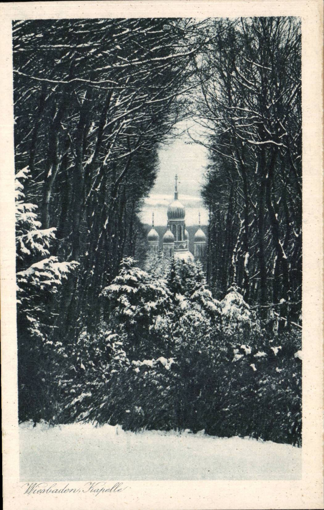 Wiesbaden, Chapelle — vue d'hiver dans la forêt — Verlag u. Eigentum der Papeterie Wagner, Wiesbaden