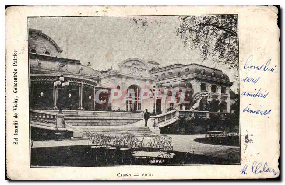 Casino de Vichy — Vue du bâtiment et de la terrasse — Sel Laxatif de Vichy, Concentrés Patrice