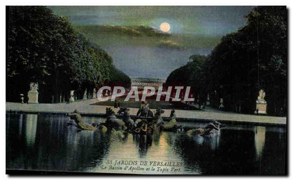 Versailles - La Nuit - Le Bassin d'Apolon - Le Tapis Vert et le Chateau - CPA 