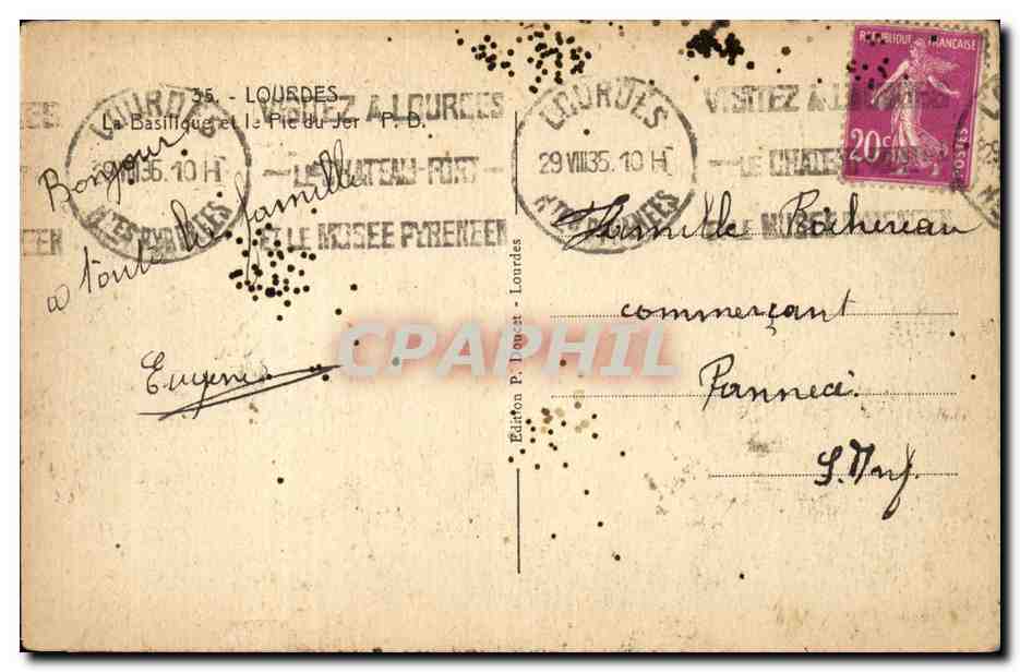Lourdes - La Basilique - Pic du Jer - mouton - sheep - CPA  — Verso