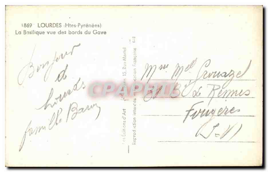 CPSM Lourdes La basilique vue des bords du Gave — Verso