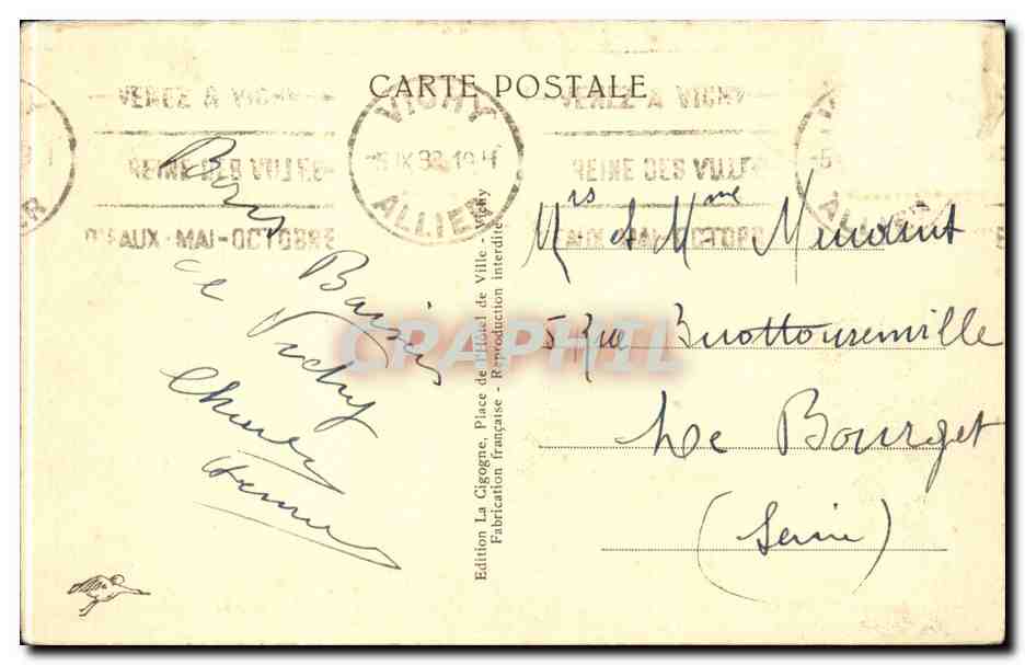CPA Vichy Vue generale prise en avion Les quais de l'Allier Etablissement thermal — Verso