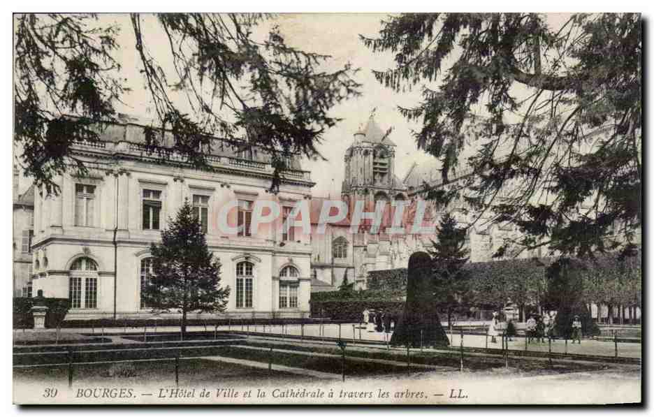 CPA Bourges Hotel de ville et la cathedrale a travers les arbres