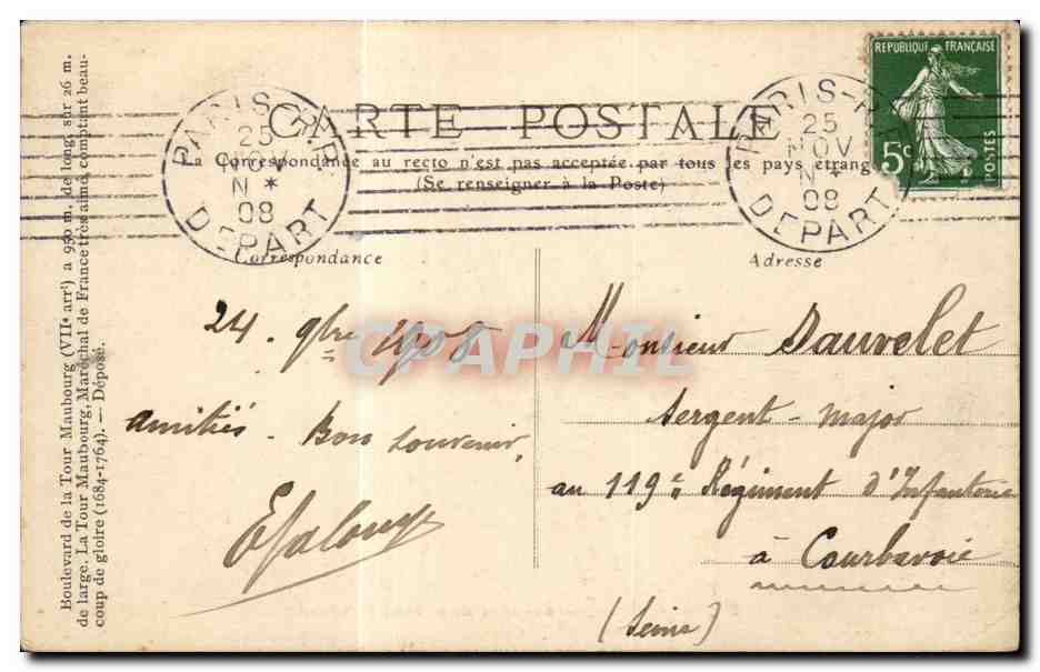 CPA Tout Paris Caserne de la Tour Maubourg Militaria — Rückseite