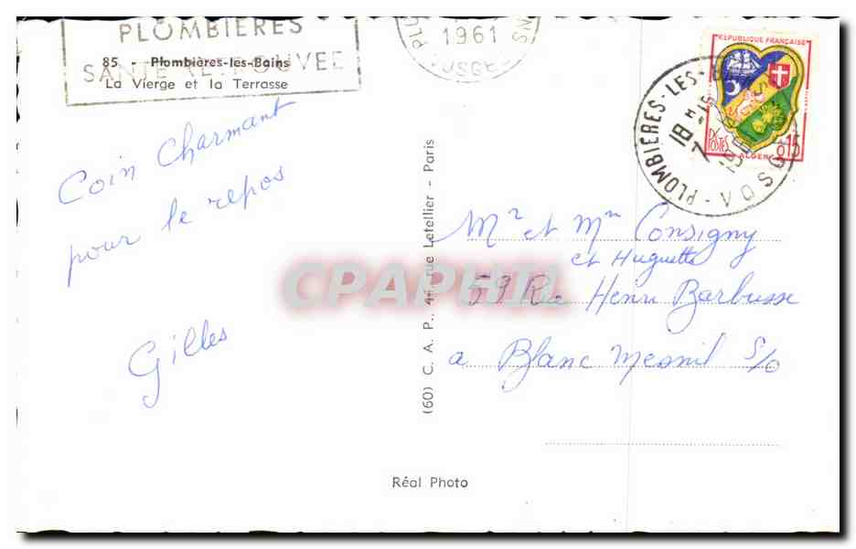 CPA Plombieres les bains La vierge et la terrasse — Verso