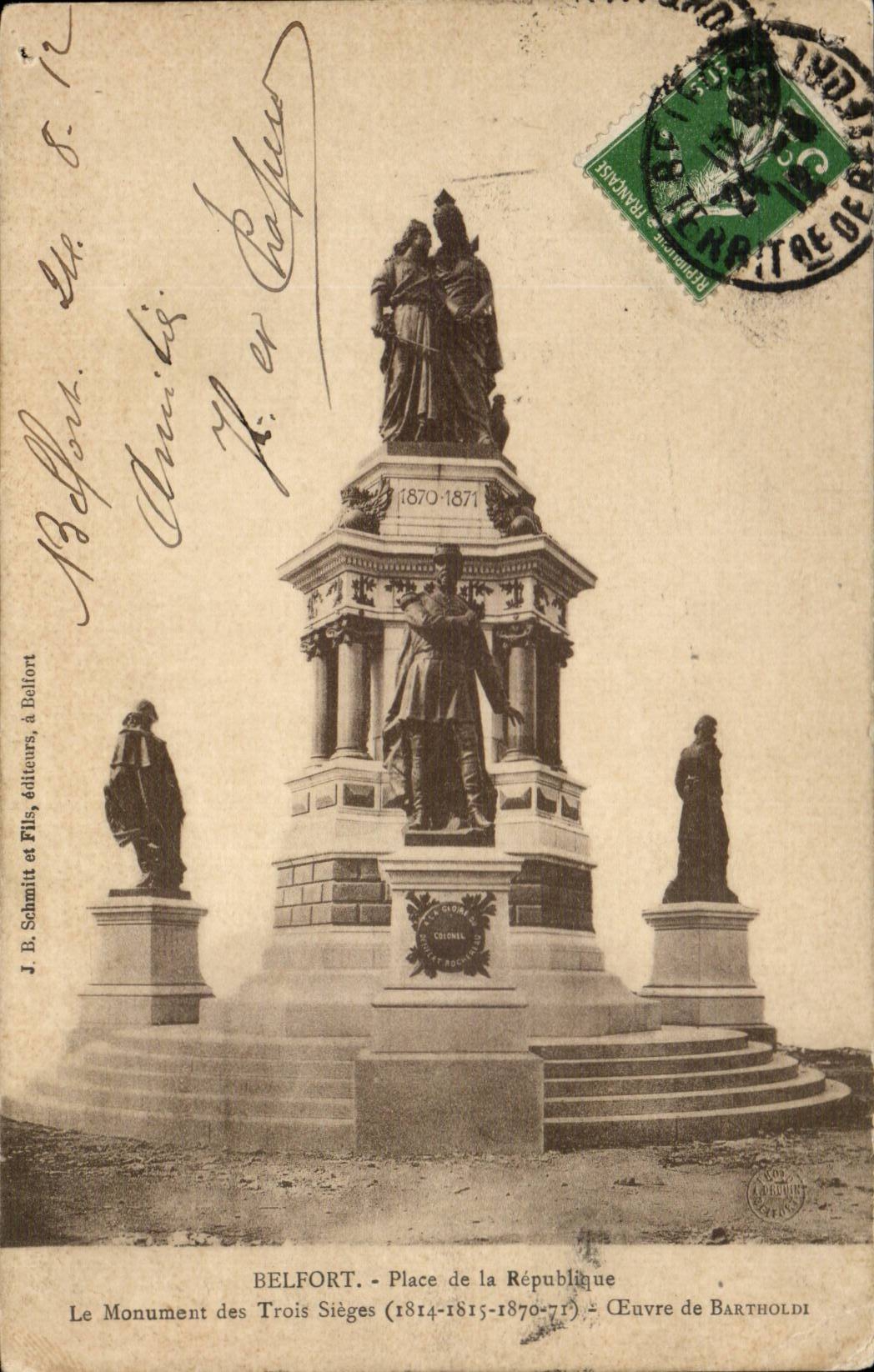 CPA Belfort Place de la Republique Monument des Trois sieges Oeuvre de Bartholdi