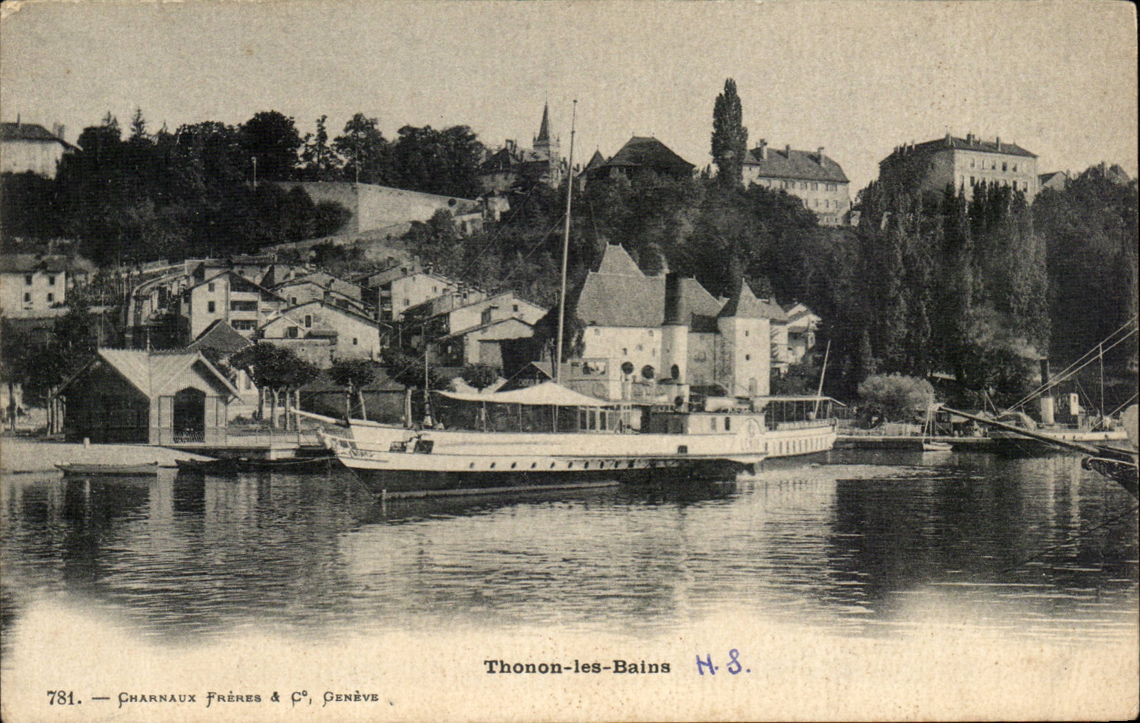 Thonon-les-Bains — vista del puerto con un barco — Charnaux Frères & C°, Ginebra, n° 781