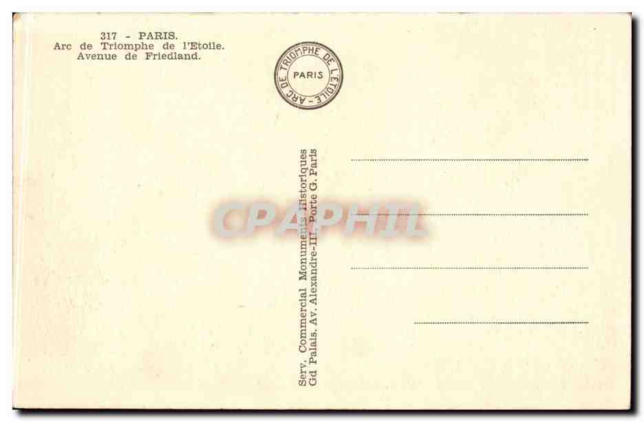 CPA Paris Arc de triomphe de l'Etoile Avenue de Friedland Hotel Napoleon — Rückseite