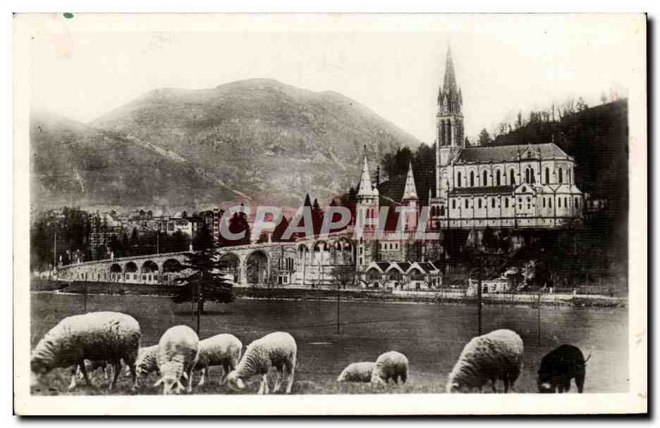 CPSM Lourdes La basilique et le pic du Jer