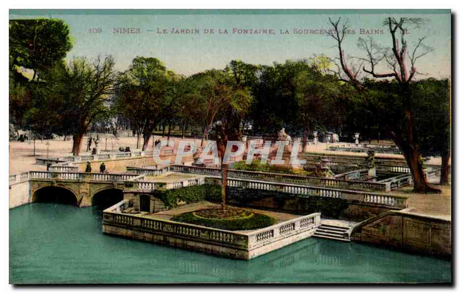 Nîmes — Le Jardin de la Fontaine, la Source et les Bains — Imp. Letellier, Nîmes