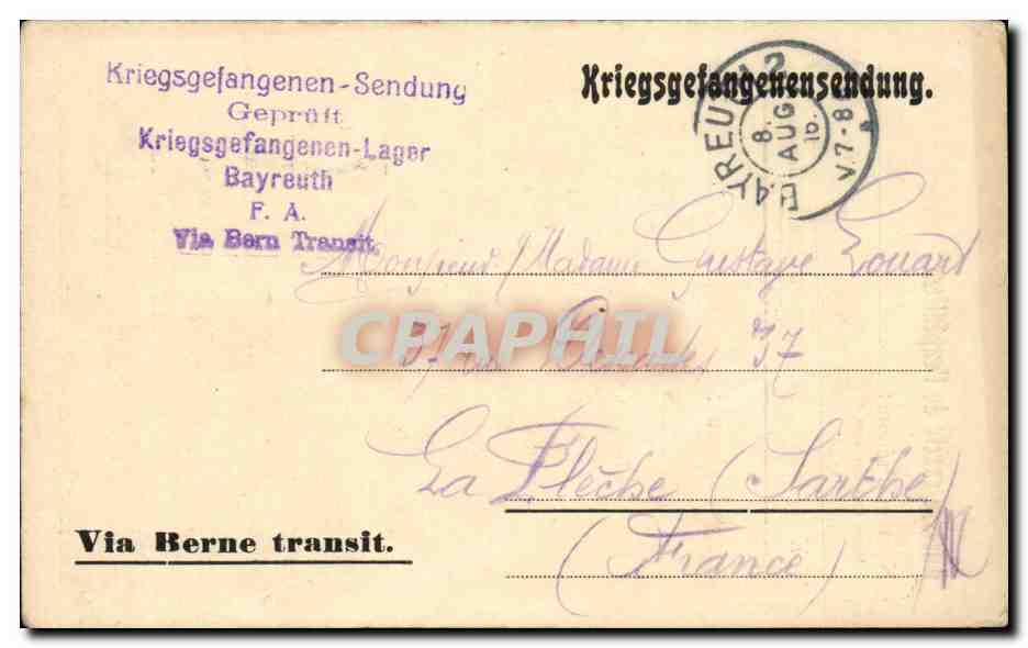 Carte pour corrspondance Kriegsgefangenensendung de Bayreuth pour la Fleche