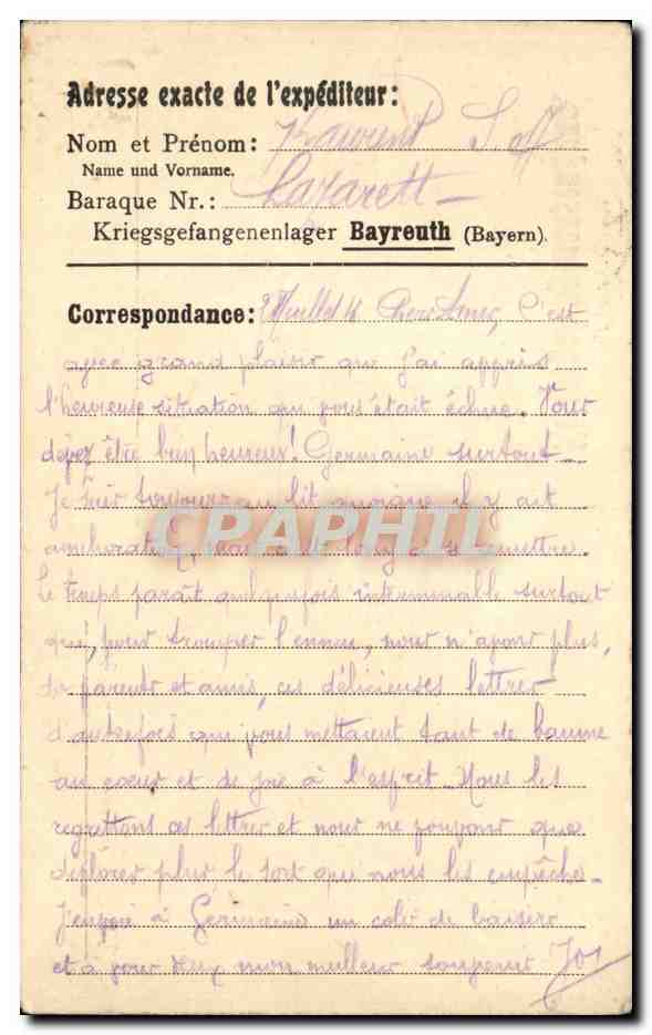 Carte pour corrspondance Kriegsgefangenensendung de Bayreuth pour la Fleche — Rückseite