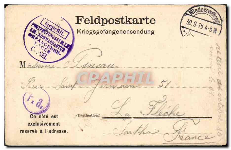 Carte pour corrspondance Feldpostkarte Niederzwehr pour La Fleche Sarthe