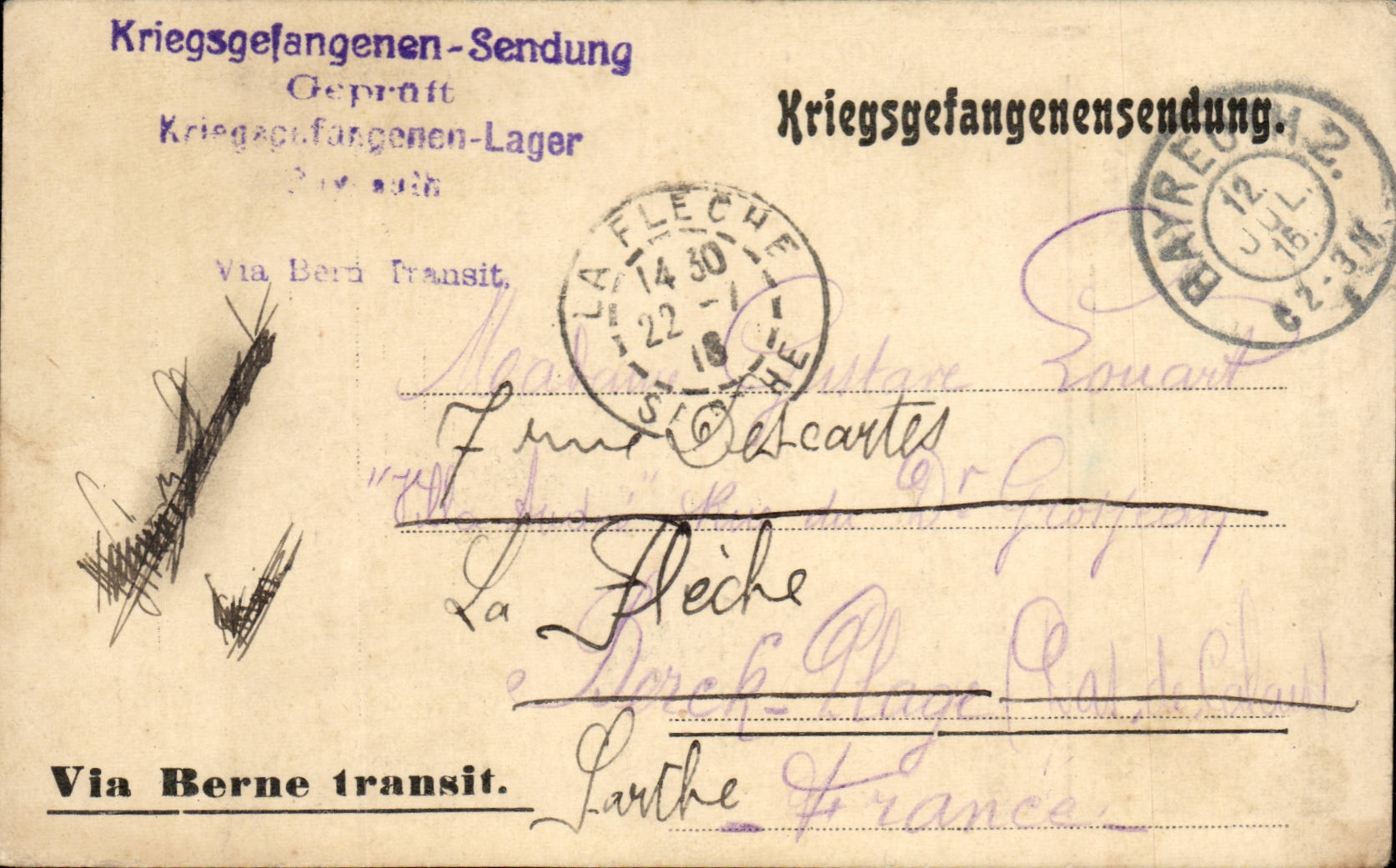 Carte pour corrspondance Kriegsgefangenensendung pour a Fleche SArthe via Berne