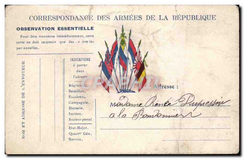 Carte Militaire pour madame Dupressoin a la Bombonniere ( Nouan le Fuzelier )