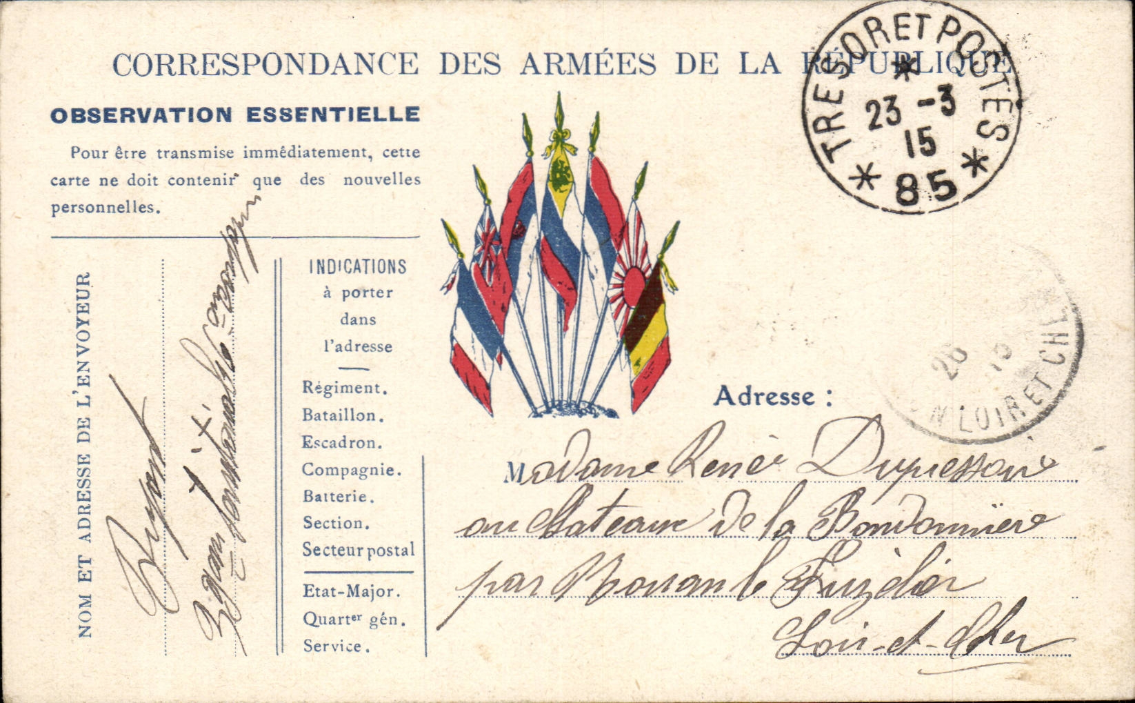 Correspondance des Armées de la République — Observation essentielle — Éditeur : imprimeur militaire, n° de série non visible