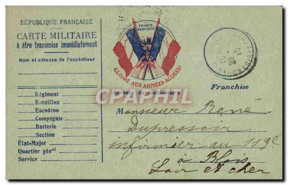 Carte Militaire pour Rene Dupressoir a Blois