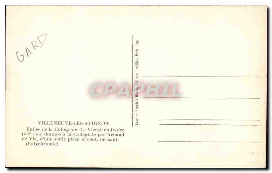 Villeneuve-lès-Avignon — Église de la Collégiale, statue de la Vierge en ivoire (XIVe siècle) — Lévy et Neurdein, Paris — Verso