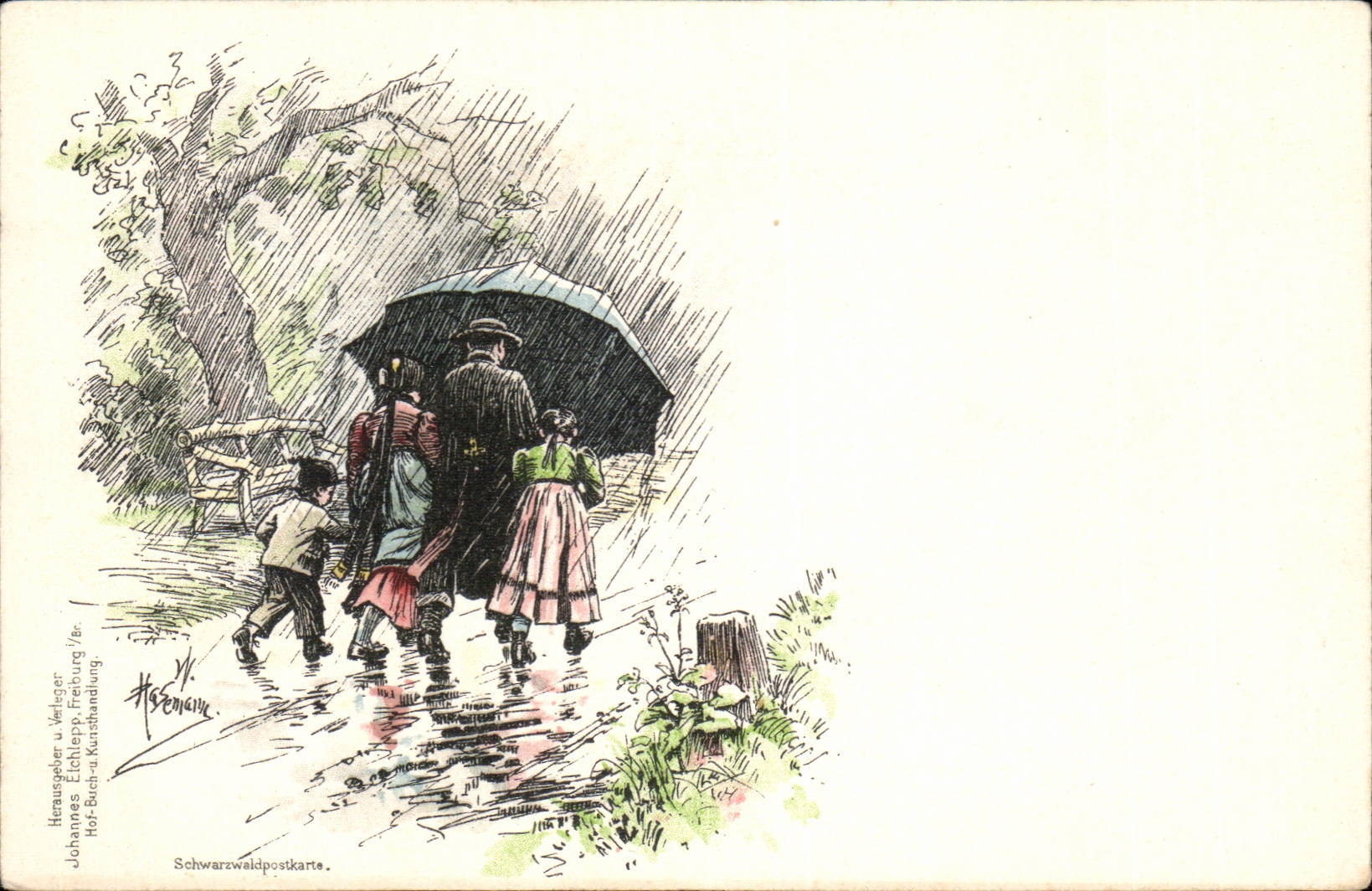 Famille sous parapluie dans la forêt — Schwarzwaldbild — Johannes Eichlepp & Co., Freiburg