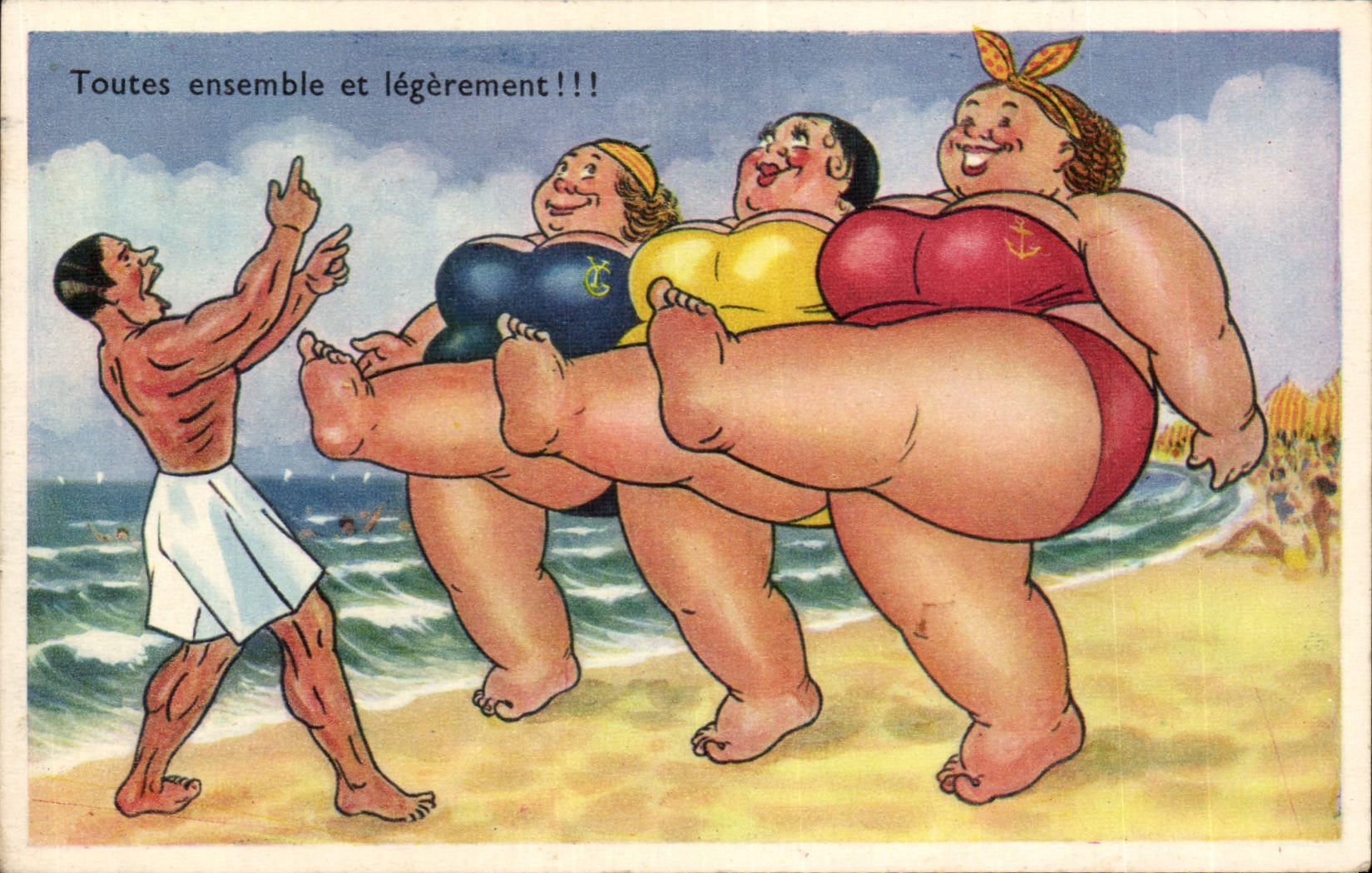 Drei Frauen in Badeanzügen — humoristische Karikatur — Éditions Gaby, Nantes