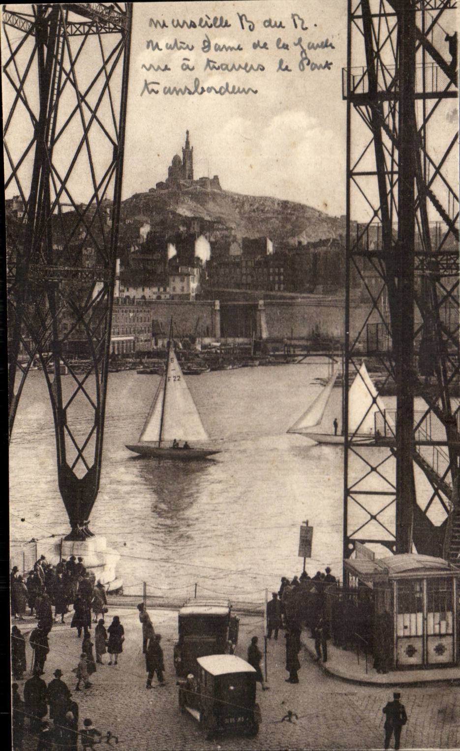 CPA Marseille Notre Dame de la Garde vue a travers le pont Transbordeur