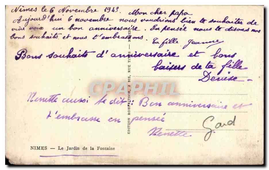 Nîmes — Le Jardin de la Fontaine — Édition Robphils, 2 bis — Verso