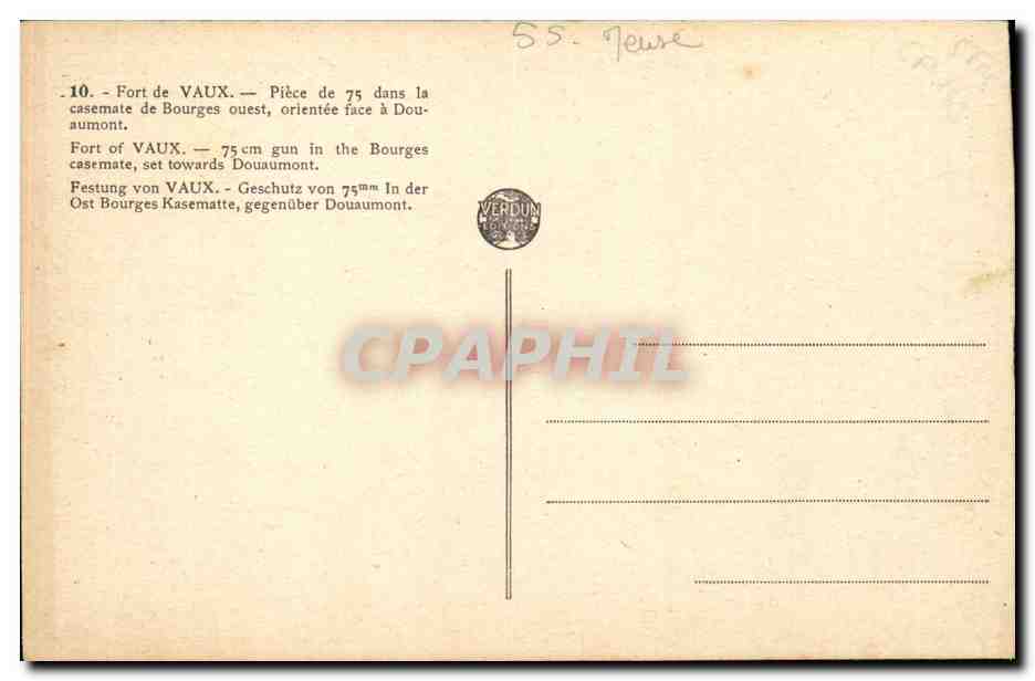Fort de Vaux — Pièce de 75 cm dans la casemate de Bourges ouest, orientée face à Douaumont — Reverso