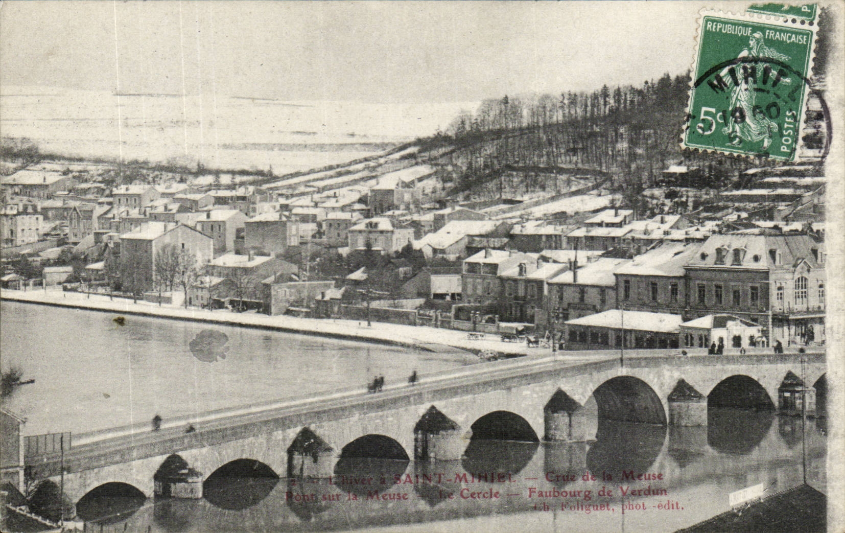 Pont sur la Meuse à SAINT-MIHIEL — Croix de la Meuse — Faubourg de Verdun — Ch. Poliguet, phot.-édit.