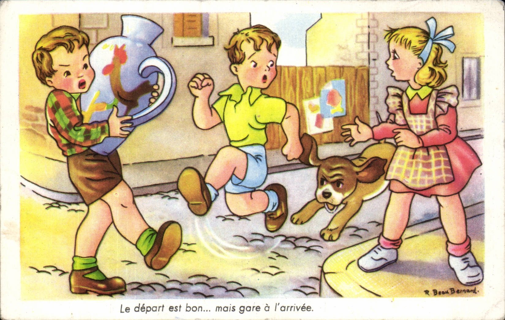 CPA Fantaisie Enfants Le depart est bon mais gare a l'arrivee Xhine dog
