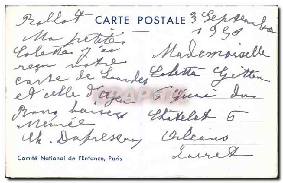 Frau, die ein kleines Mädchen umarmt — 'Du wirst meine kleine Schwester sein...' — Comité National de l'Enfance, Paris — Rückseite