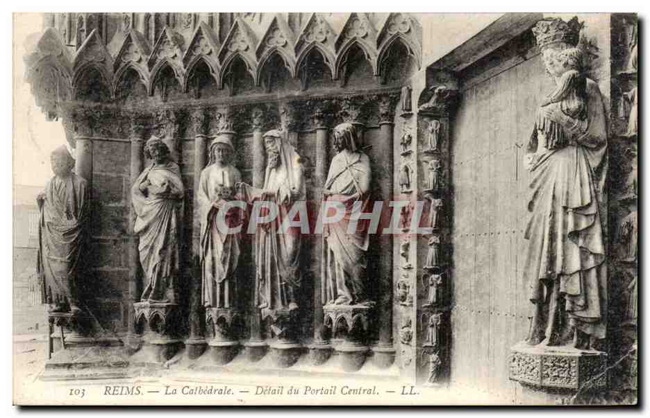 Reims CPA Cathedrale Detail du portal central