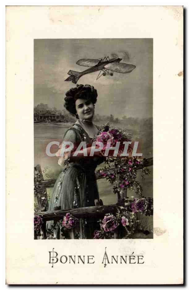 Femme avec avion — Bonne Année — CPAPHIL