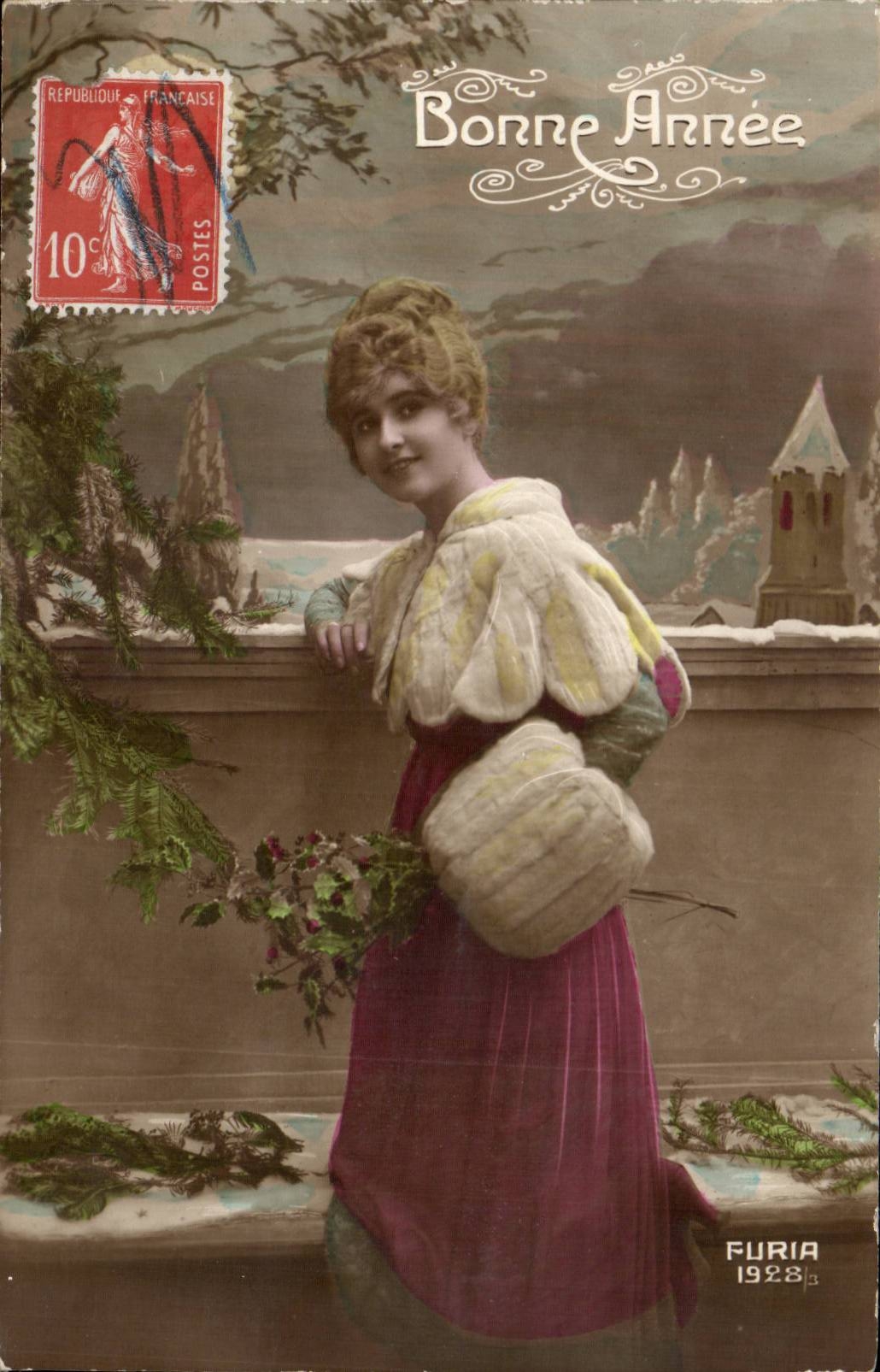 Femme en fourrure — carte de vœux 'Bonne Année 1928' — Furia, n° 1928