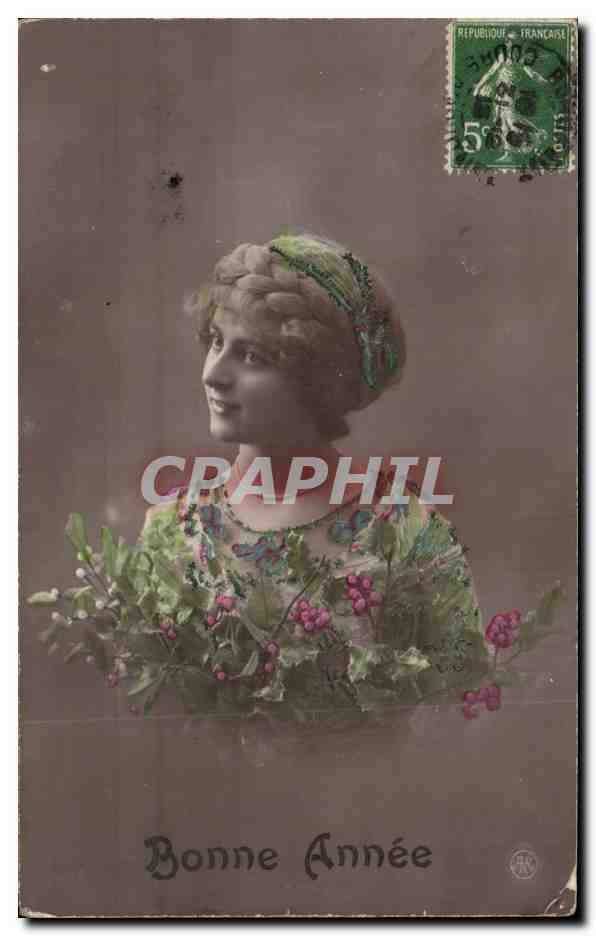 Jeune femme avec couronne de feuilles — Bonne Année — éditeur anonyme, n° de série non visible