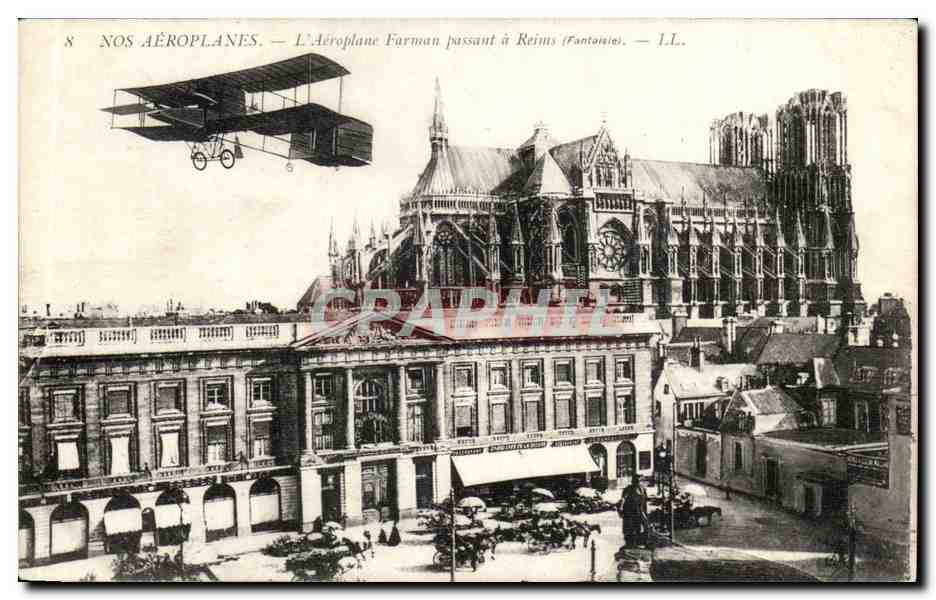 Reims CPA L'aeroplane Farman passant a Reims
