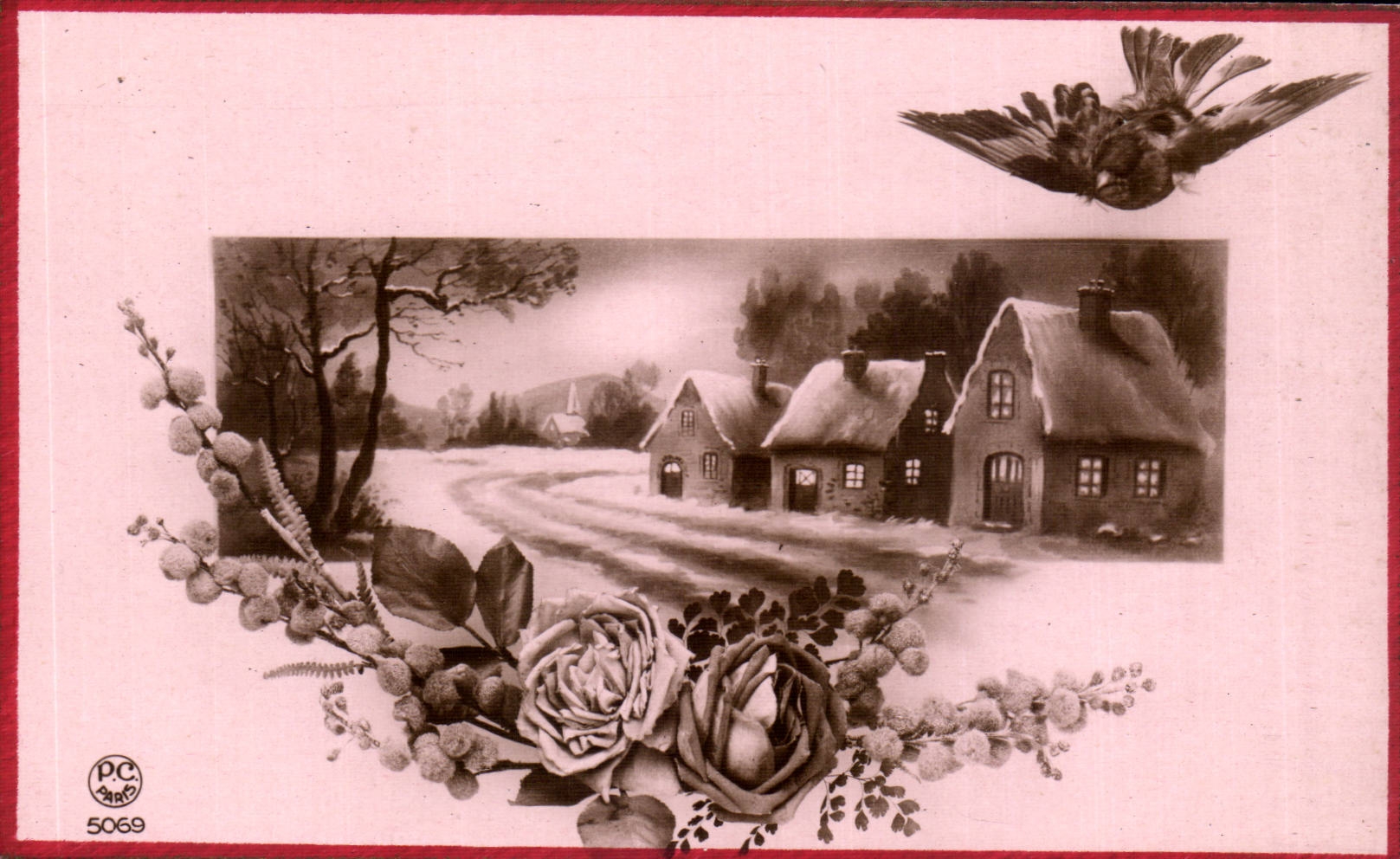 CPA Fantaisie Fleur Rose Hirondelle 