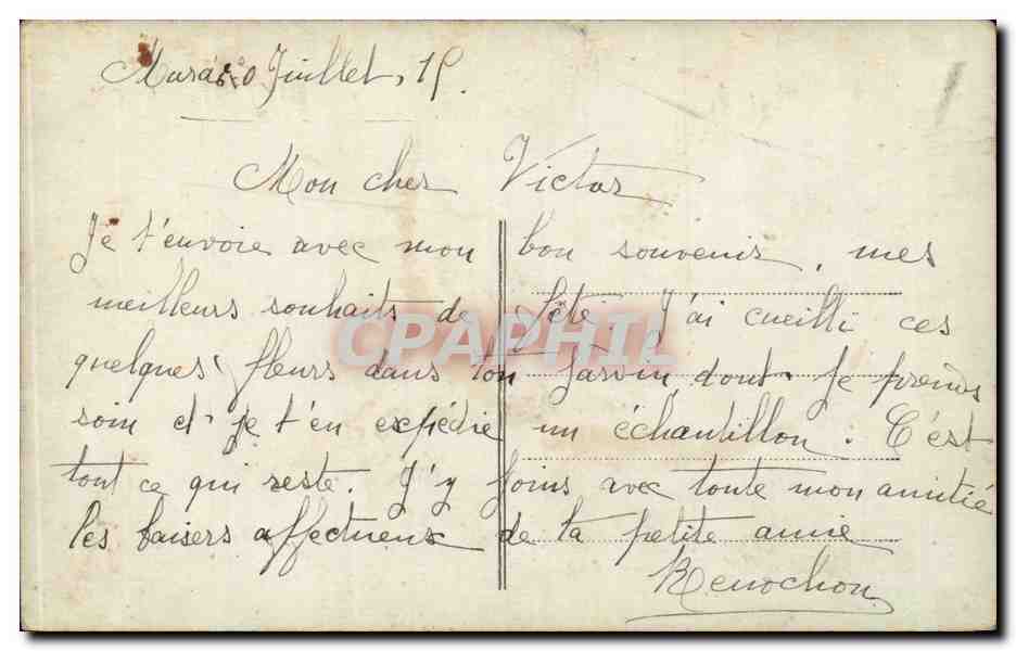 Femme en robe lilas tenant un chandelier — texte poétique et 'Bonne Fête !' — éditeur PS n°3565 — Achterkant