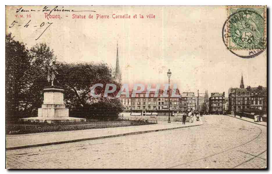 Rouen CPA Statue de Pierre corneille et la ville