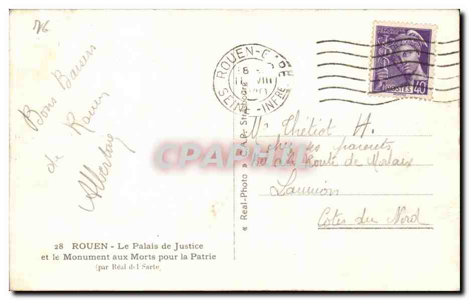Rouen CPA Palais de justice et le monument aux morts pour la patrie — Rückseite