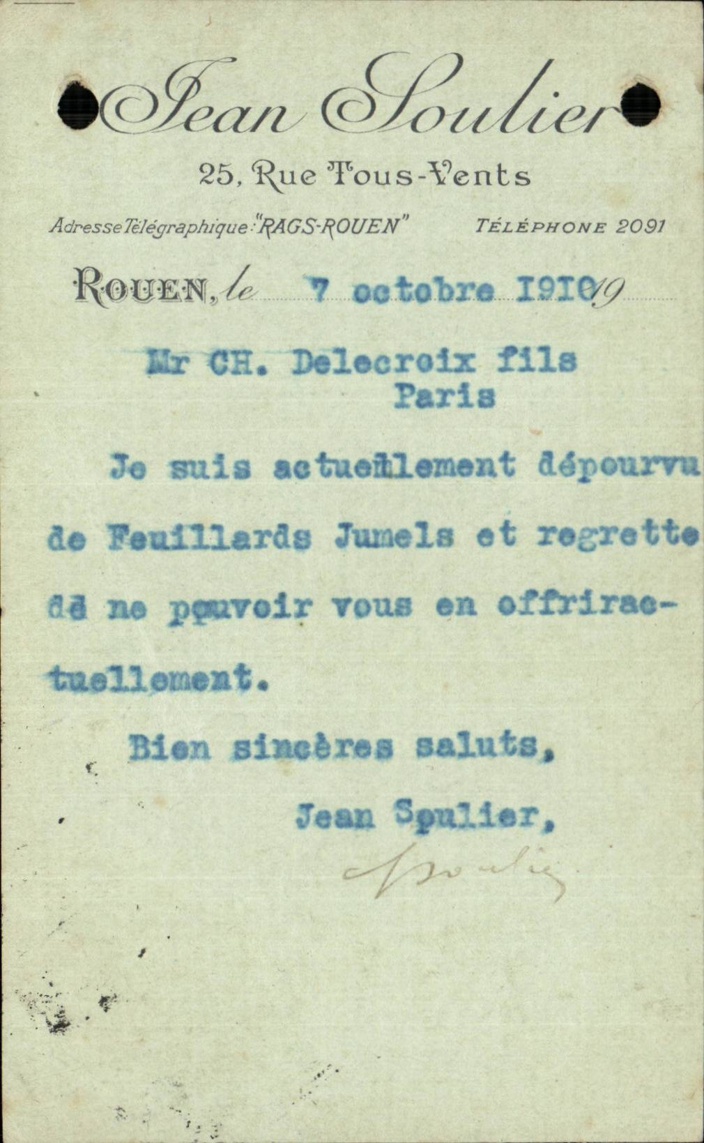 Vieux papiers Fiche Jean Soulier Rue Tous Vents a Rouen 