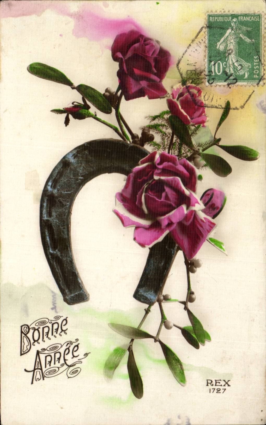 CPA Fantaisie Fleurs Bonne annee Fer a cheval