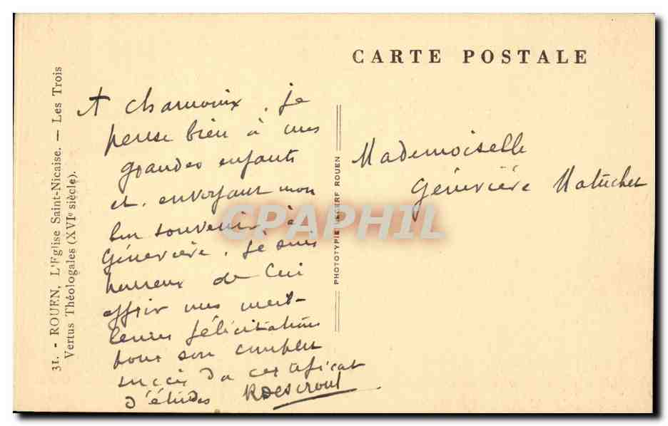 CPA Rouen Eglise Saint Nicaise Les trois vertus Theologales — Verso
