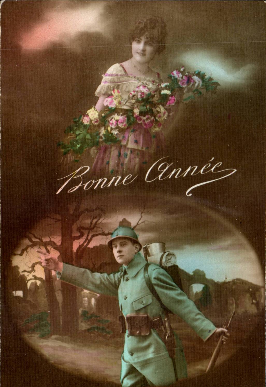 Soldado en uniforme — felicitaciones de fin de año — editor anónimo