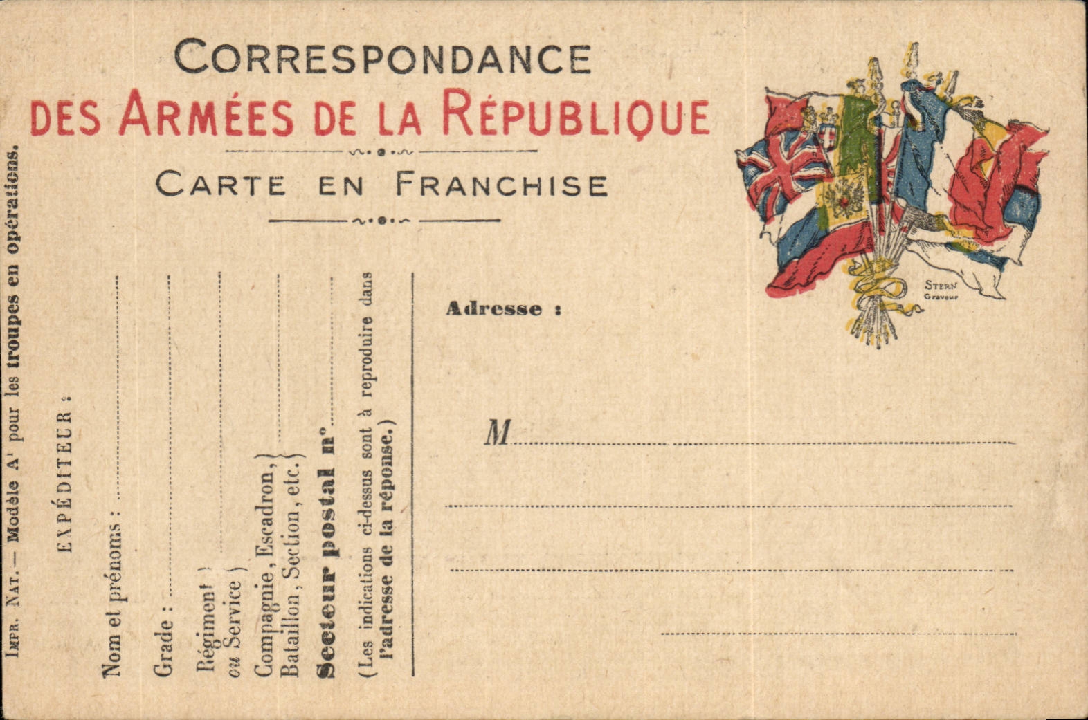 Correspondance des Armées de la République — Carte en franchise — Gravure Stern