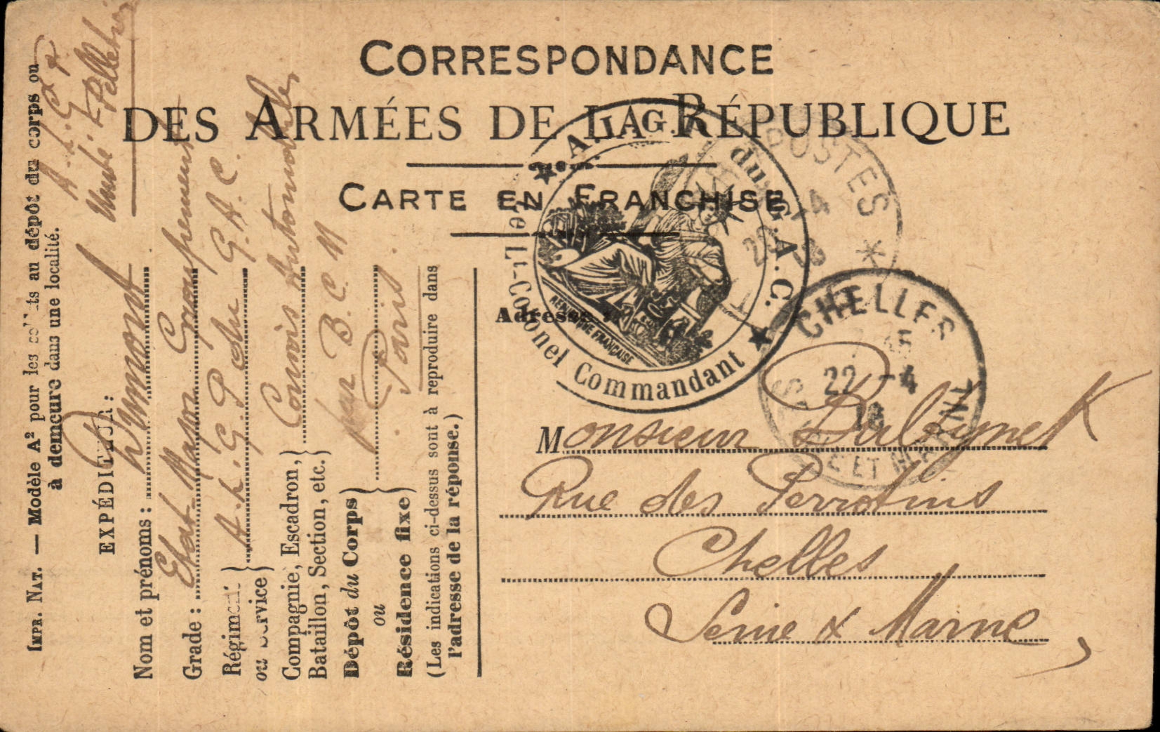 CArte en Franchise des Armees Dumont Convoi automobile de Paris pour Chelles 
