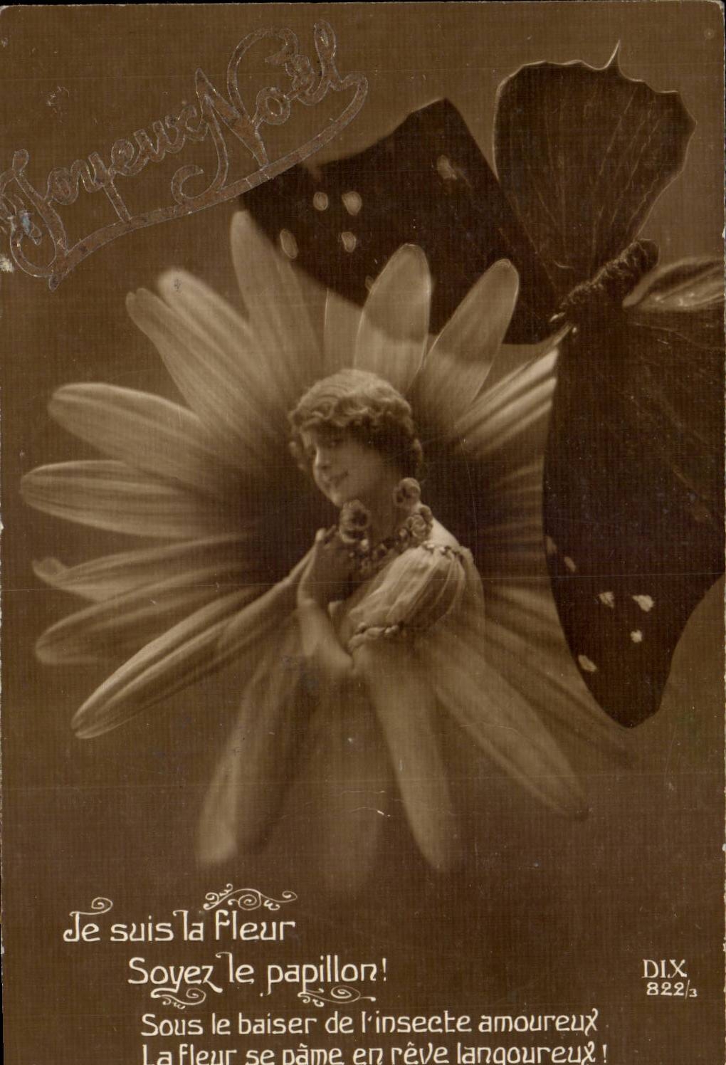 Fleur et papillon — carte postale de Noël — éditeur DIX n° 822/3