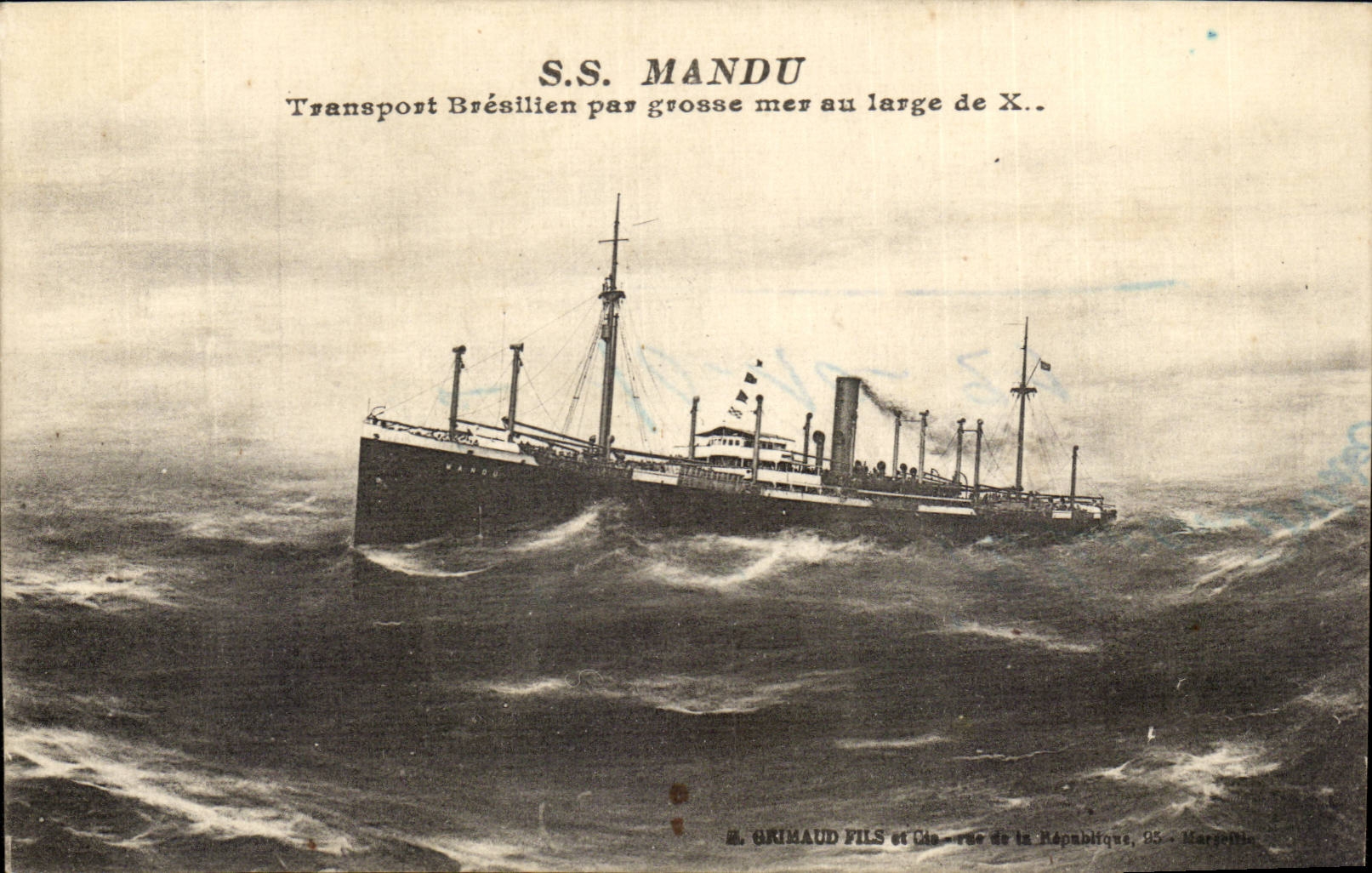 S.S. MANDU — Transport brésilien en mer au large de X. — Éditeur : E. GRIMAUD FILS et Cie, 35 - Marseille