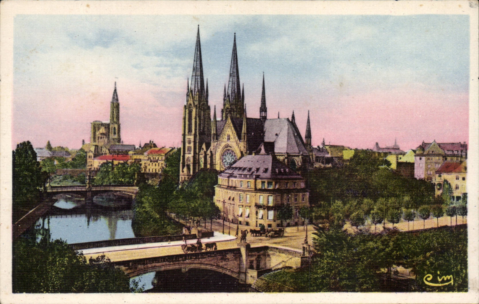 CPA Strasbourg Eglise et la cathedrale Pont des Vosges et de l'universite