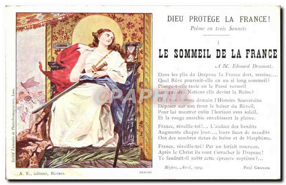 CPA Fantaisie Femme Dieu protege la France Poeme en trois sonnet