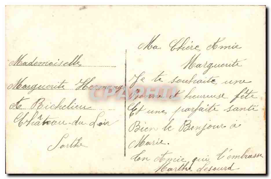 Je te souhaite une bonne et heureuse fête — Marguerite Hermange — Château-du-Loir — Paris — Verso